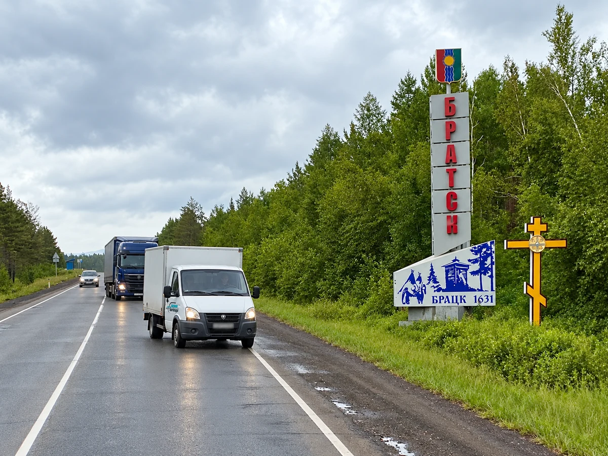 Газель и фура на дороге у въездной стелы Братск — иллюстрация перевозки